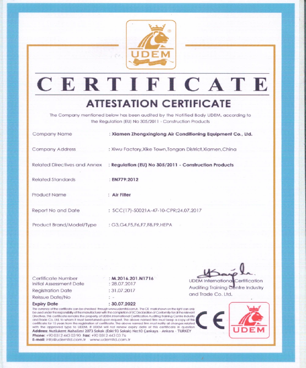 ce certificate of Fine Dust Pocket Filter ce certificate of Fine Dust Pocket Filter